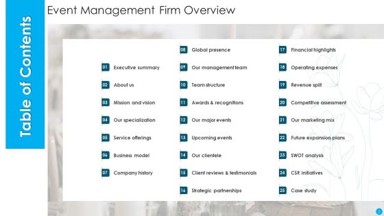 Event Management Firm Overview Ppt PowerPoint Presentation Complete Deck With Slides