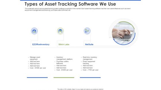 Event Management Services Types Of Asset Tracking Software We Use Ppt PowerPoint Presentation Gallery Show PDF