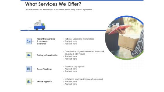 Event Management Services What Services We Offer Ppt PowerPoint Presentation Portfolio Professional PDF
