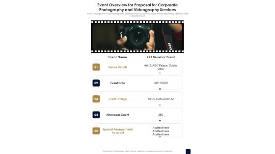 Event Overview For Corporate Photography And Videography Services One Pager Sample Example Document