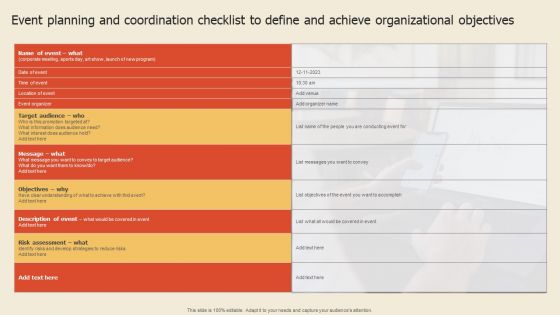 Event Planning And Coordination Checklist To Define And Achieve Organizational Objectives Portrait PDF