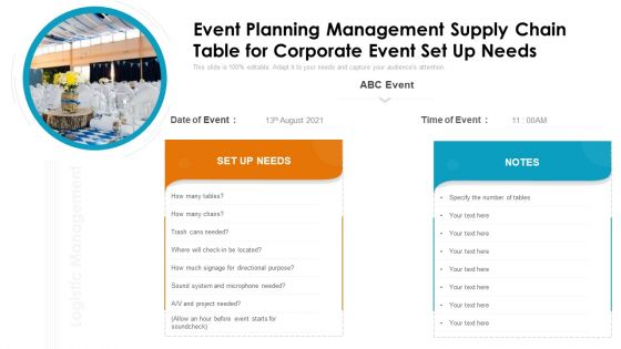 Event Planning Management Supply Chain Table For Corporate Event Set Up Needs Ppt PowerPoint Presentation File Guidelines PDF