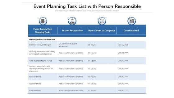 Event Planning Task List With Person Responsible Ppt PowerPoint Presentation Good PDF