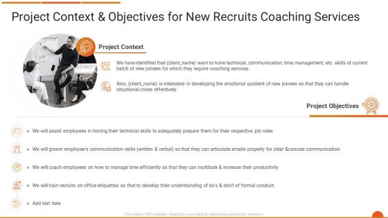 Executive Job Training Project Context And Objectives For New Recruits Coaching Services Guidelines PDF