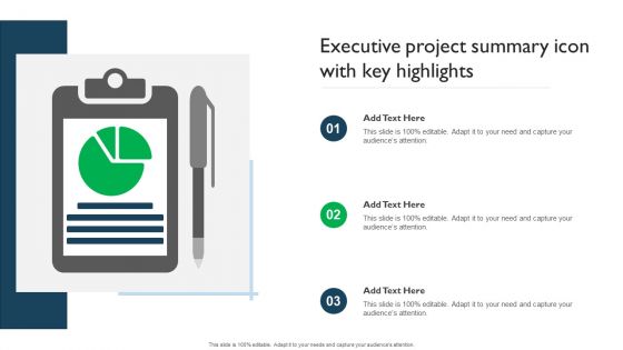 Executive Project Summary Icon With Key Highlights Sample PDF