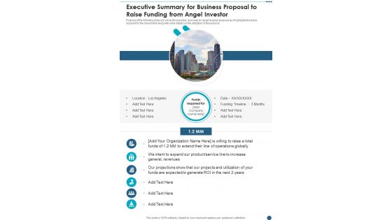 Executive Summary For Business Proposal To Raise Funding From Angel Investor One Pager Sample Example Document
