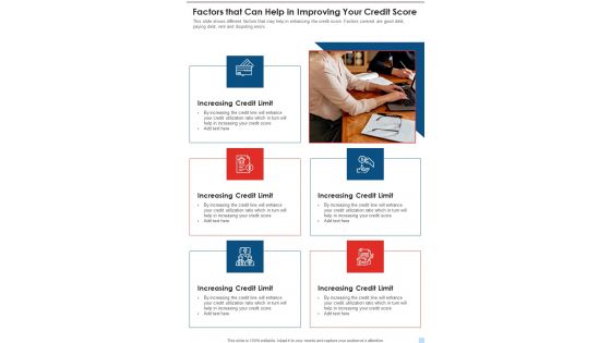 Factors That Can Help In Improving Your Credit Score Template 83 One Pager Documents