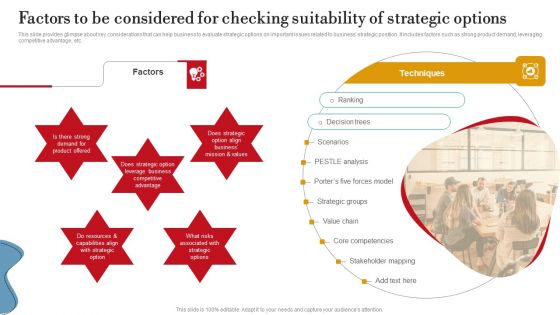 Factors To Be Considered For Checking Suitability Of Strategic Options Ideas PDF