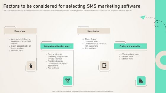 Factors To Be Considered For Selecting SMS Marketing Software Ppt PowerPoint Presentation File Show PDF