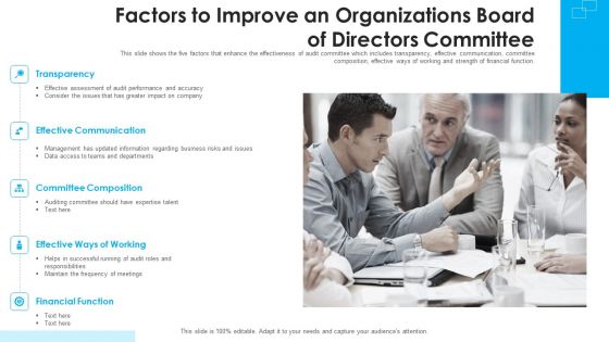 Factors To Improve An Organizations Board Of Directors Committee Ppt PowerPoint Presentation Gallery Samples PDF