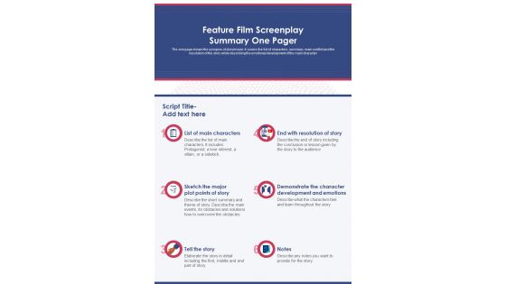 Feature Film Screenplay Summary One Pager PDF Document PPT Template