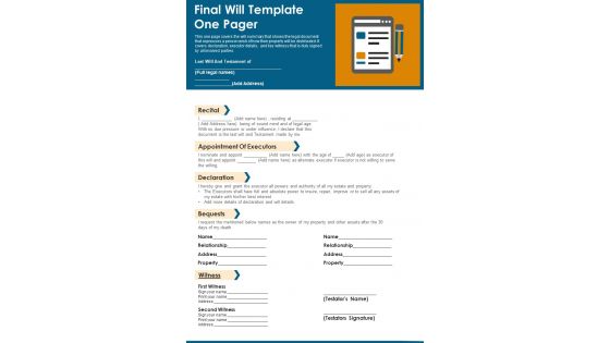 Final Will Template One Pager PDF Document PPT Template
