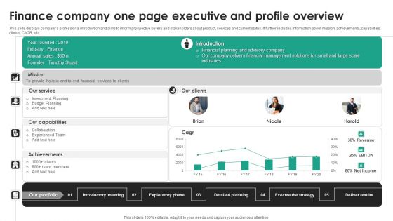 Finance Company One Page Executive And Profile Overview Inspiration PDF Finance Company One Page Executive And Profile Overview Inspiration PDF