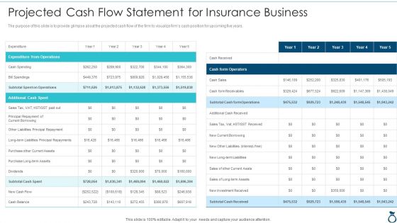 Financial Services Advisory Business Plan Projected Cash Flow Statement For Insurance Summary PDF