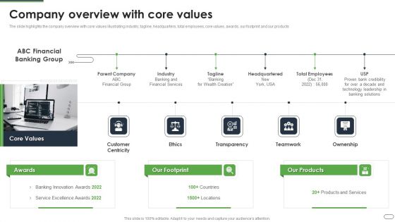 Financial Solutions Company Profile Company Overview With Core Values Designs PDF