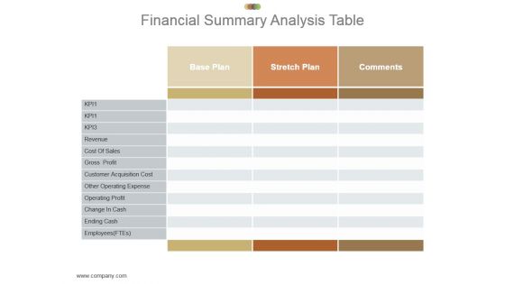 Financial Summary Analysis Table Powerpoint Slide Designs