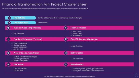 Financial Transformation Mini Project Charter Sheet Digital Transformation Toolkit Accounting Finance Inspiration PDF