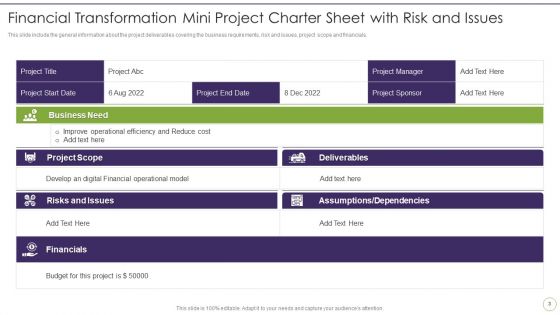 Financial Transformation Small Project Charter Sheet Ppt PowerPoint Presentation Complete Deck With Slides