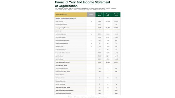 Financial Year End Income Statement Of Organization One Pager Documents