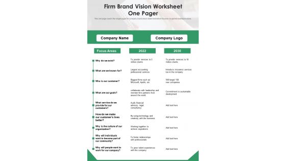 Firm Brand Vision Worksheet One Pager PDF Document PPT Template