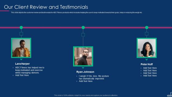 Fitness Tracker App Startup Investor Presentation Our Client Review And Testimonials Clipart PDF