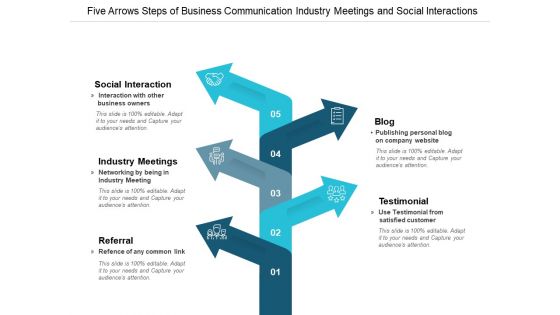 Five Arrows Steps Of Business Communication Industry Meetings And Social Interactions Ppt Powerpoint Presentation Professional Sample