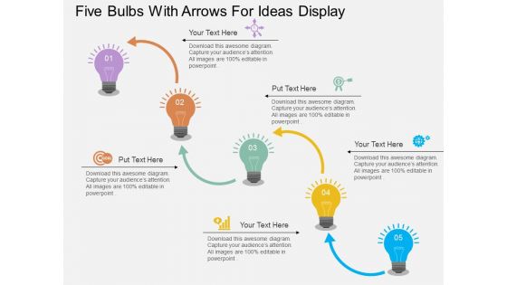 Five Bulbs With Arrows For Ideas Display Powerpoint Templates