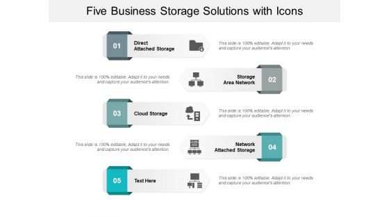 Five Business Storage Solutions With Icons Ppt Powerpoint Presentation Summary Examples