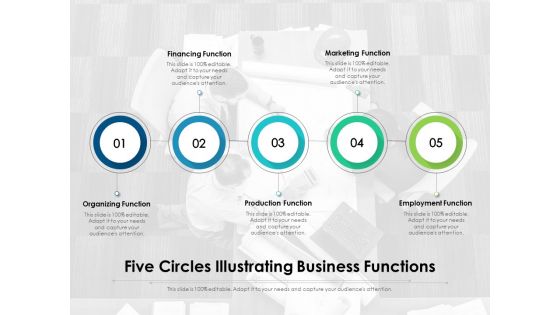 Five Circles Illustrating Business Functions Ppt PowerPoint Presentation Styles Design Ideas PDF