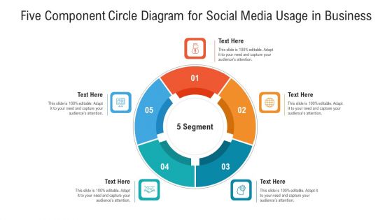 Five Component Circle Diagram For Social Media Usage In Business Ppt PowerPoint Presentation Gallery Brochure PDF
