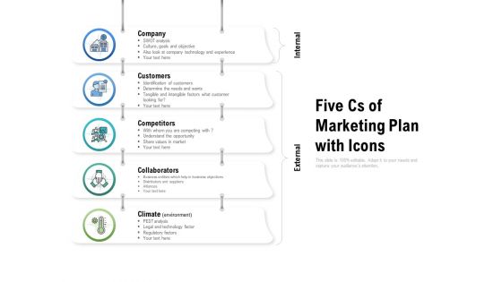 Five Cs Of Marketing Plan With Icons Ppt PowerPoint Presentation Outline Themes PDF