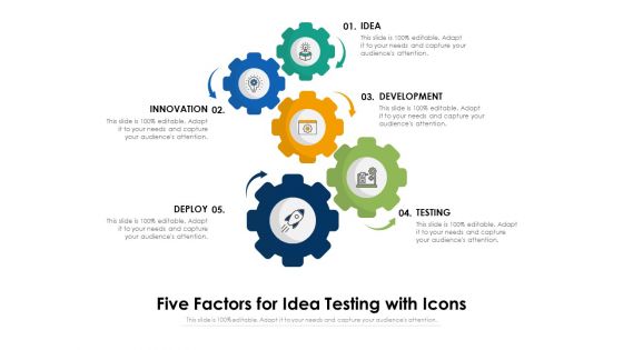 Five Factors For Idea Testing With Icons Ppt PowerPoint Presentation Infographics Gridlines PDF