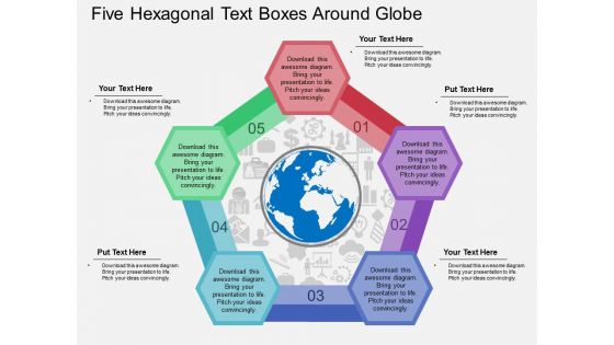 Five Hexagonal Text Boxes Around Globe Powerpoint Template