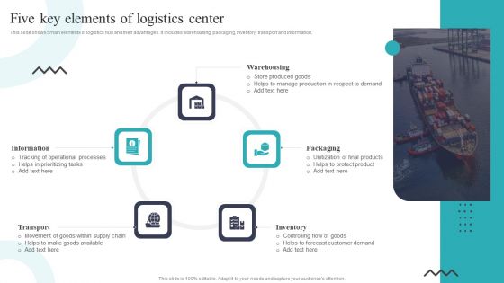 Five Key Elements Of Logistics Center Ppt PowerPoint Presentation Gallery Slides PDF Five Key Elements Of Logistics Center Ppt PowerPoint Presentation Gallery Slides PDF