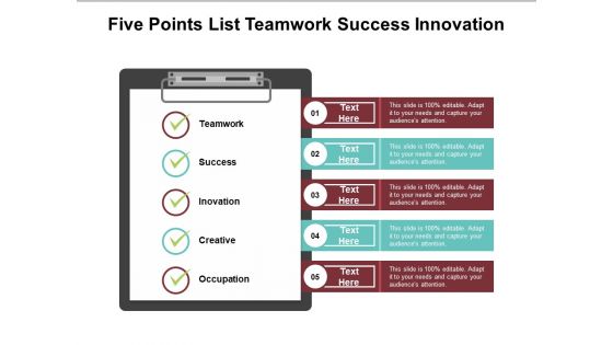 Five Points List Teamwork Success Innovation Ppt Powerpoint Presentation Inspiration Maker Five Points List Teamwork Success Innovation Ppt Powerpoint Presentation Inspiration Maker