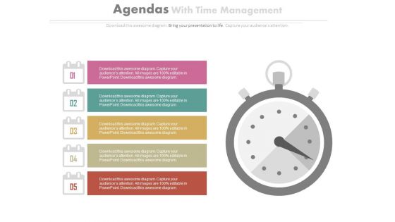 Five Points List With Stopwatch Powerpoint Slides