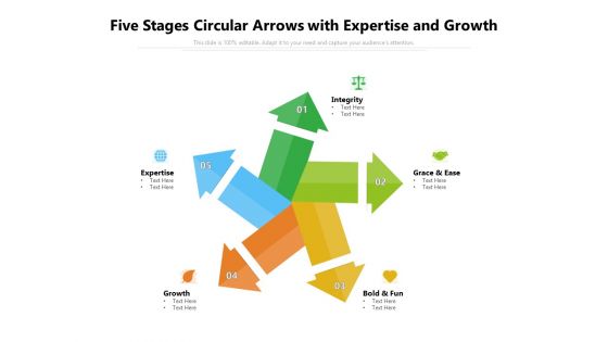 Five Stages Circular Arrows With Expertise And Growth Ppt PowerPoint Presentation Gallery Show PDF