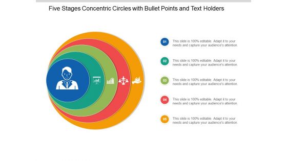 Five Stages Concentric Circles With Bullet Points And Text Holders Ppt Powerpoint Presentation Slides Styles