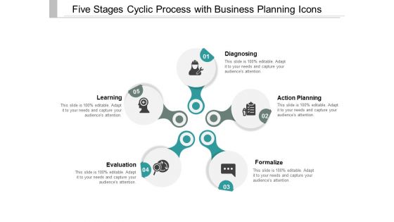 Five Stages Cyclic Process With Business Planning Icons Ppt Powerpoint Presentation Model Slide
