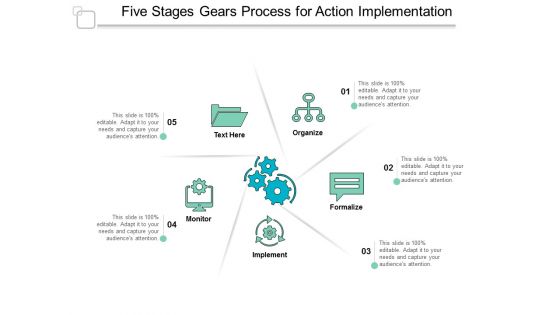 Five Stages Gears Process For Action Implementation Ppt Powerpoint Presentation Icon Smartart