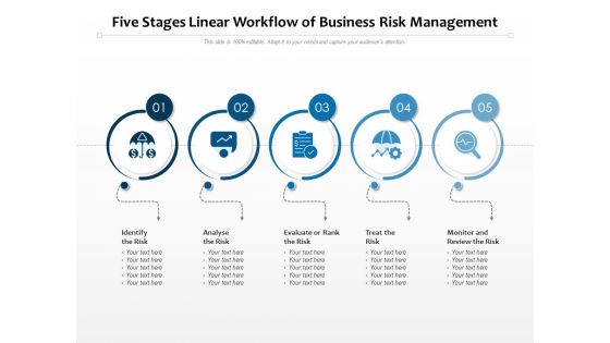 Five Stages Linear Workflow Of Business Risk Management Ppt PowerPoint Presentation Show Design Templates PDF
