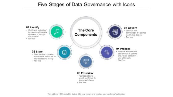 Five Stages Of Data Governance With Icons Ppt PowerPoint Presentation Summary Information