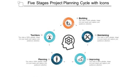 Five Stages Project Planning Cycle With Icons Ppt Powerpoint Presentation Professional Example Topics