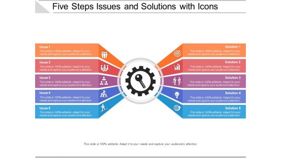 Five Steps Issues And Solutions With Icons Ppt PowerPoint Presentation Gallery Mockup PDF