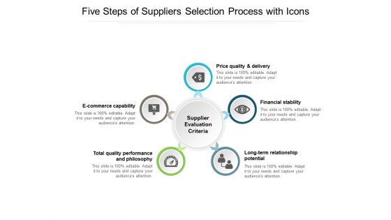 Five Steps Of Suppliers Selection Process With Icons Ppt PowerPoint Presentation Infographics Information