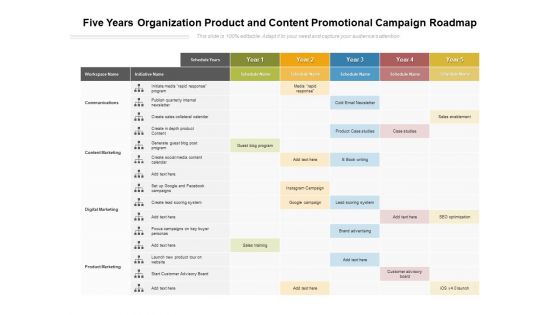 Five Years Organization Product And Content Promotional Campaign Roadmap Template