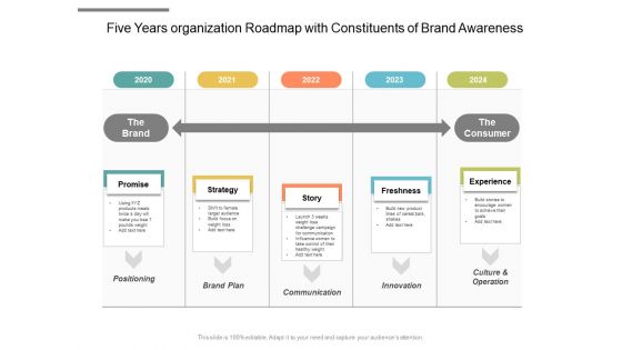 Five Years Organization Roadmap With Constituents Of Brand Awareness Graphics