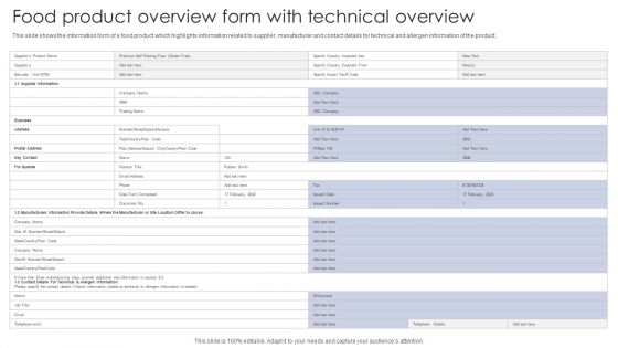 Food Product Overview Form With Technical Overview Demonstration PDF Food Product Overview Form With Technical Overview Demonstration PDF