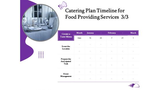 Food Providing Services Catering Plan Timeline For Food Providing Services Management Ppt PowerPoint Presentation Pictures Skills PDF