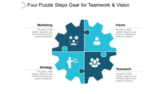 Four Puzzle Steps Gear For Teamwork And Vision Ppt PowerPoint Presentation Summary Show